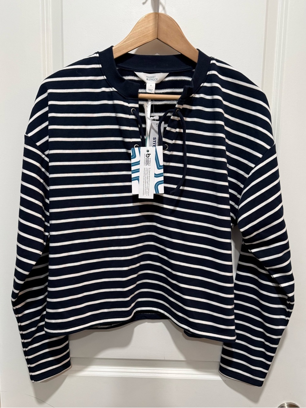 Market & Spruce Navy and White Striped Crewneck long sleeve lace up pullover
